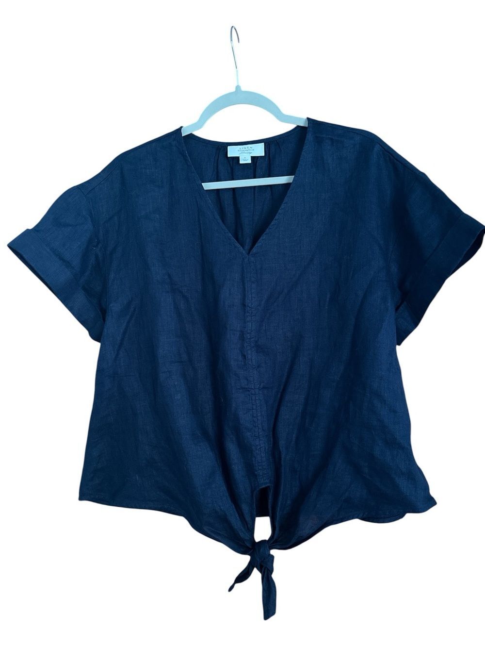 Charter Club 100% Linen Women's Navy Tie-Front V-Neck Top